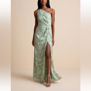 Lulu’s Renni Sage Green Floral Jacquard One-Shoulder Maxi Dress